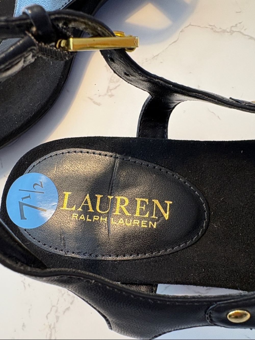 Lauren Ralph Lauren NWT Black T-Strap Sandals with Gold Accent size 7.5 Kacy - Picture 2 of 8